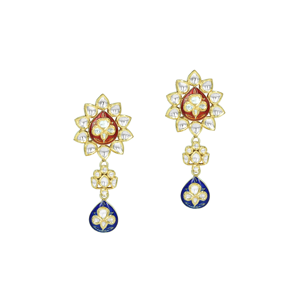 Floral Polki Earrings with Red and Blue Enamel